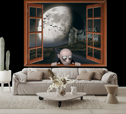 Zombie Peeking in Window View Creepy House Moon Bats Wall Decal Mural