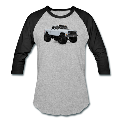 White Chevrolet 4x4 Crew Cab Pickup Truck Baseball T-Shirt - heather gray/black