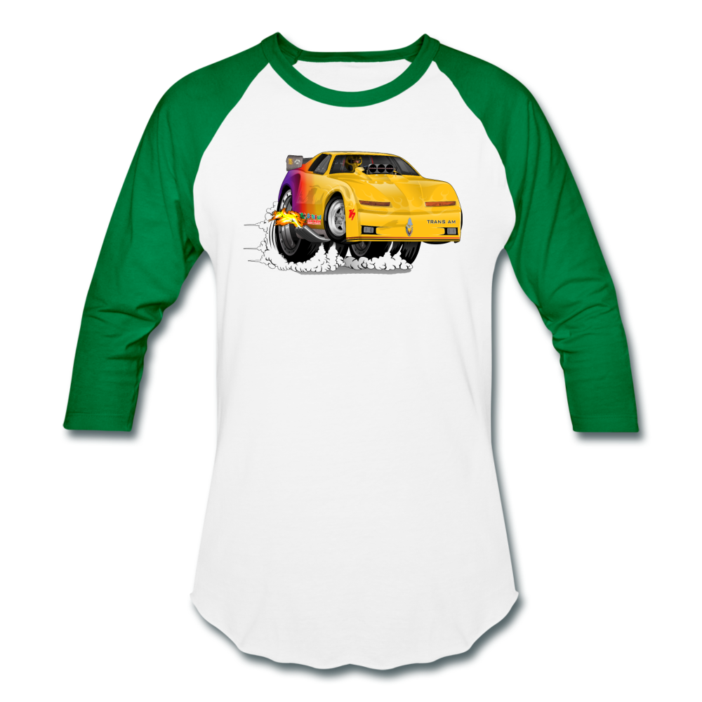 Yellow Firebird Trans Am Dragster Baseball T-Shirt - white/kelly green