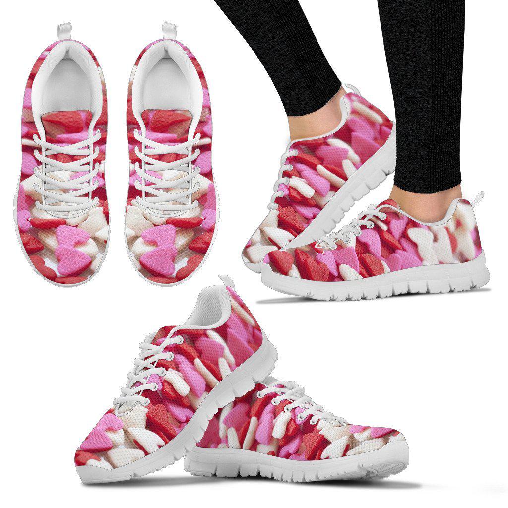 Pink Red Hearts White Border Women's Sneakers