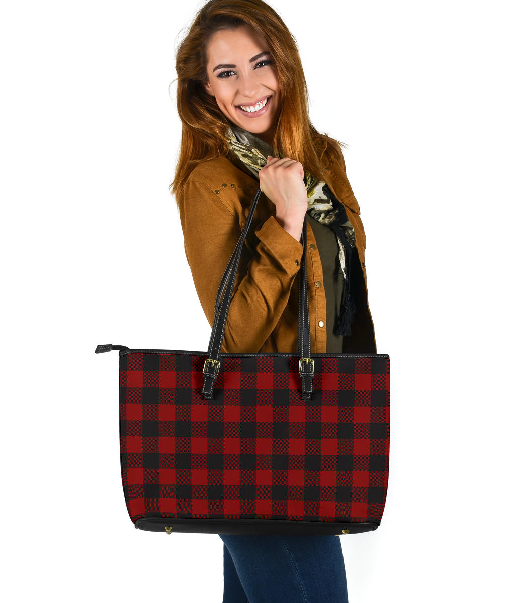 Black and White Buffalo Plaid Printed Large Leather Tote Bag