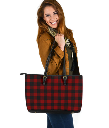 Black and White Buffalo Plaid Printed Large Leather Tote Bag