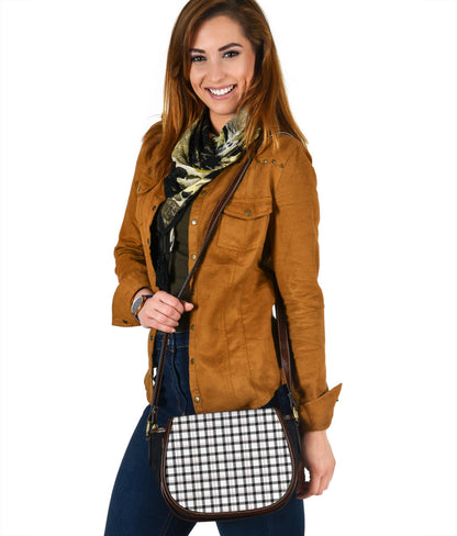 Black and White Buffalo Plaid Print Black Canvas Leather Trim Saddle Bag