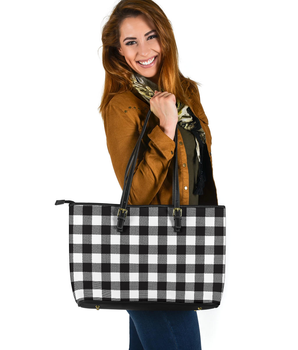Black and White Buffalo Plaid Printed Large Leather Tote Bag