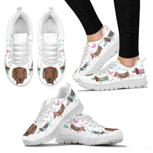 White sneakers with dachsund with cute eyes and hearts