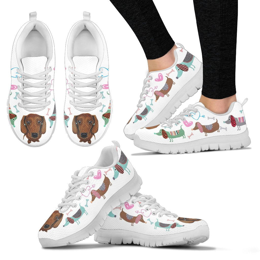 White sneakers with dachsund with cute eyes and hearts