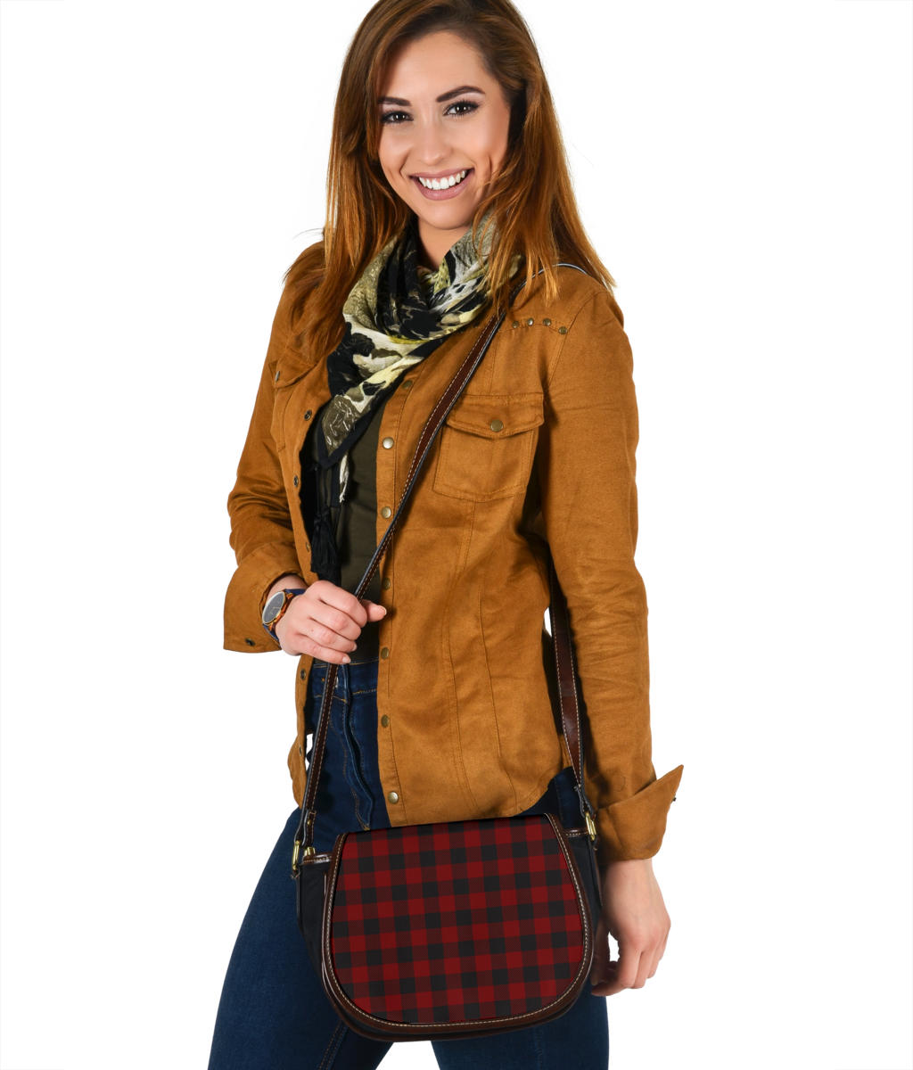 Black and White Buffalo Plaid Print Black Canvas Leather Trim Saddle Bag