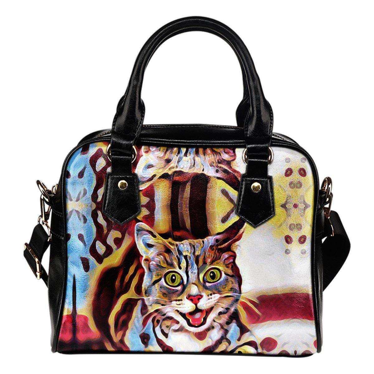 Brown Blue Cat Shoulder Handbag