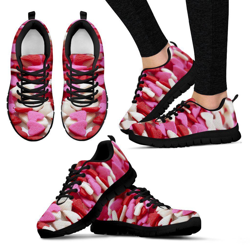 Pink Red Hearts Black Border Women's Sneakers