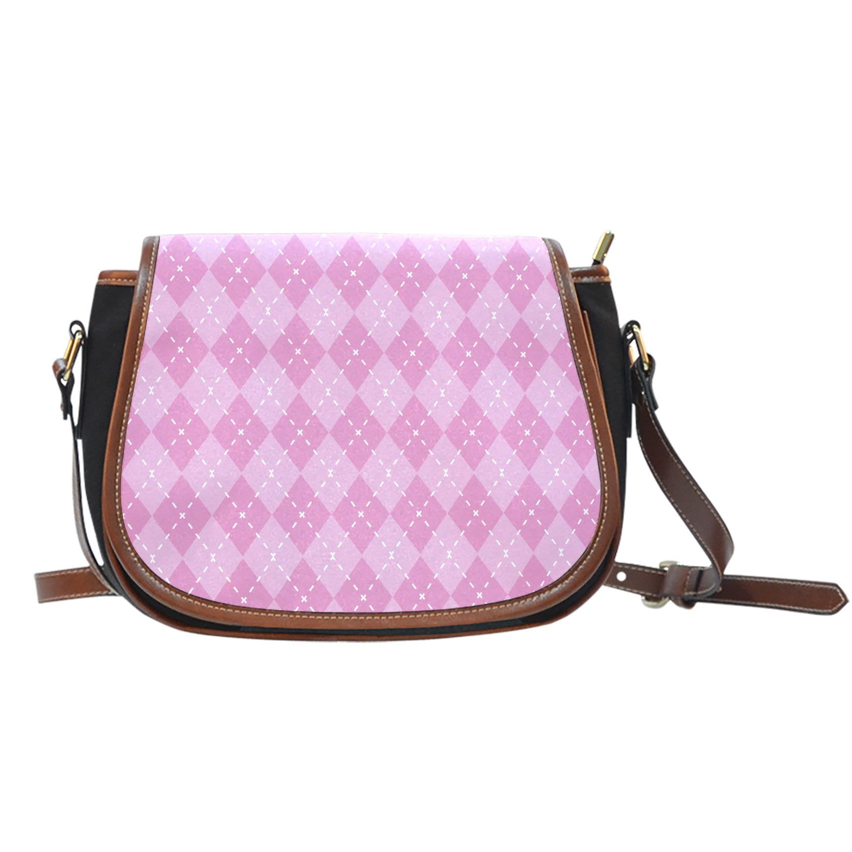 Pink Argyle Black Canvas Leather Trim Saddle Bag