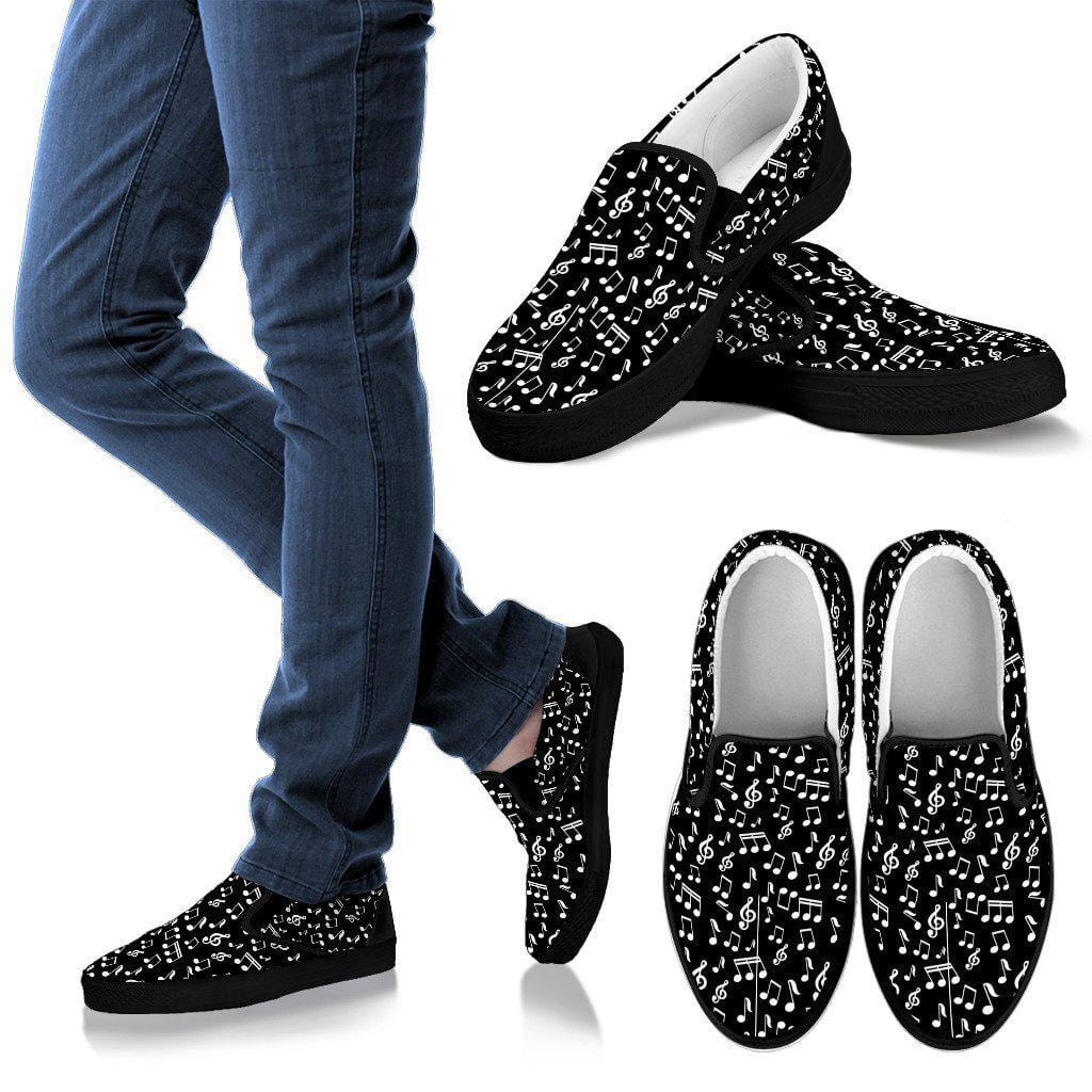 Mens Slip Ons Shoes. Black Music Note Design
