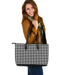 Black and White Buffalo Plaid Printed Large Leather Tote Bag