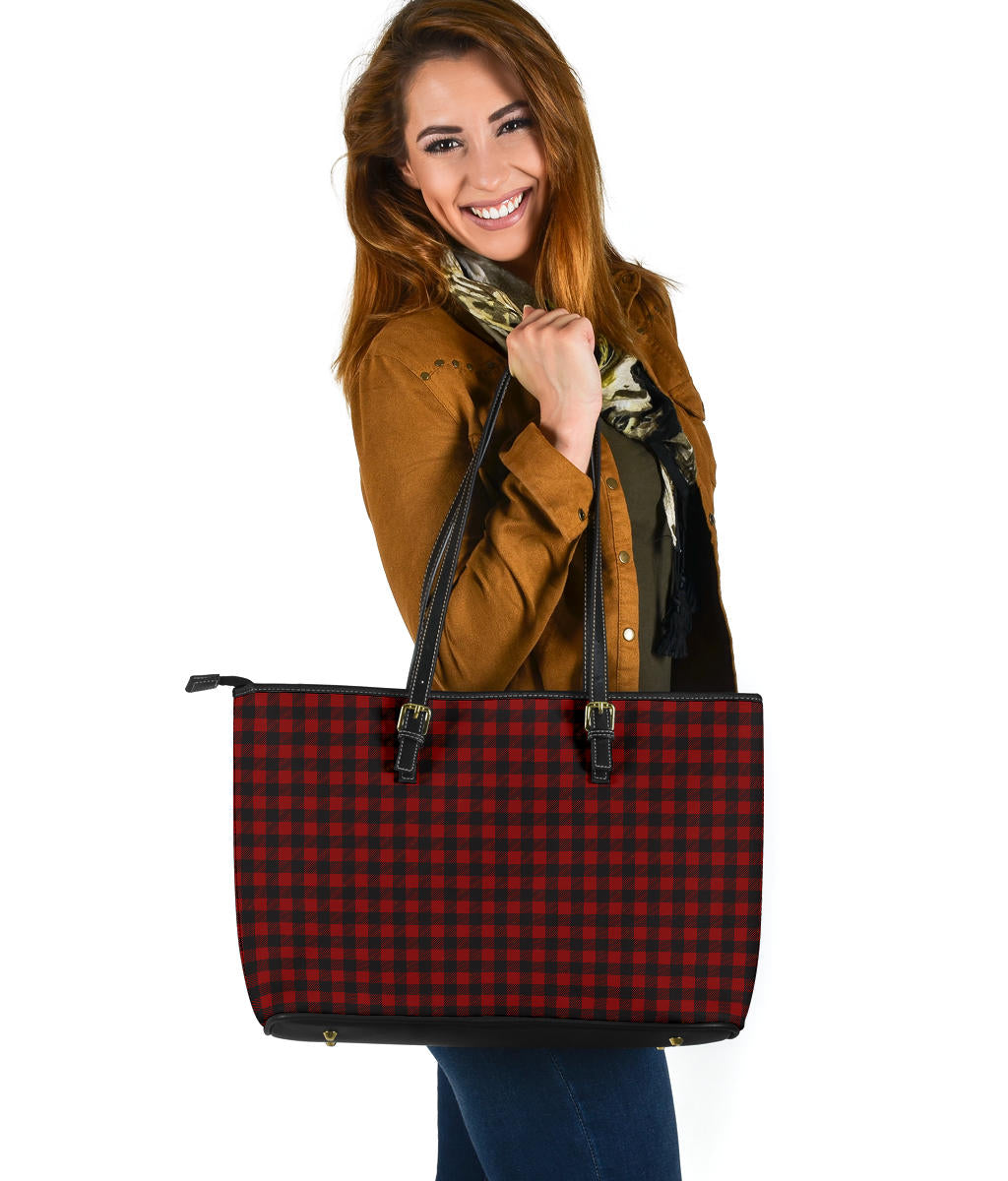 Black and White Buffalo Plaid Printed Large Leather Tote Bag