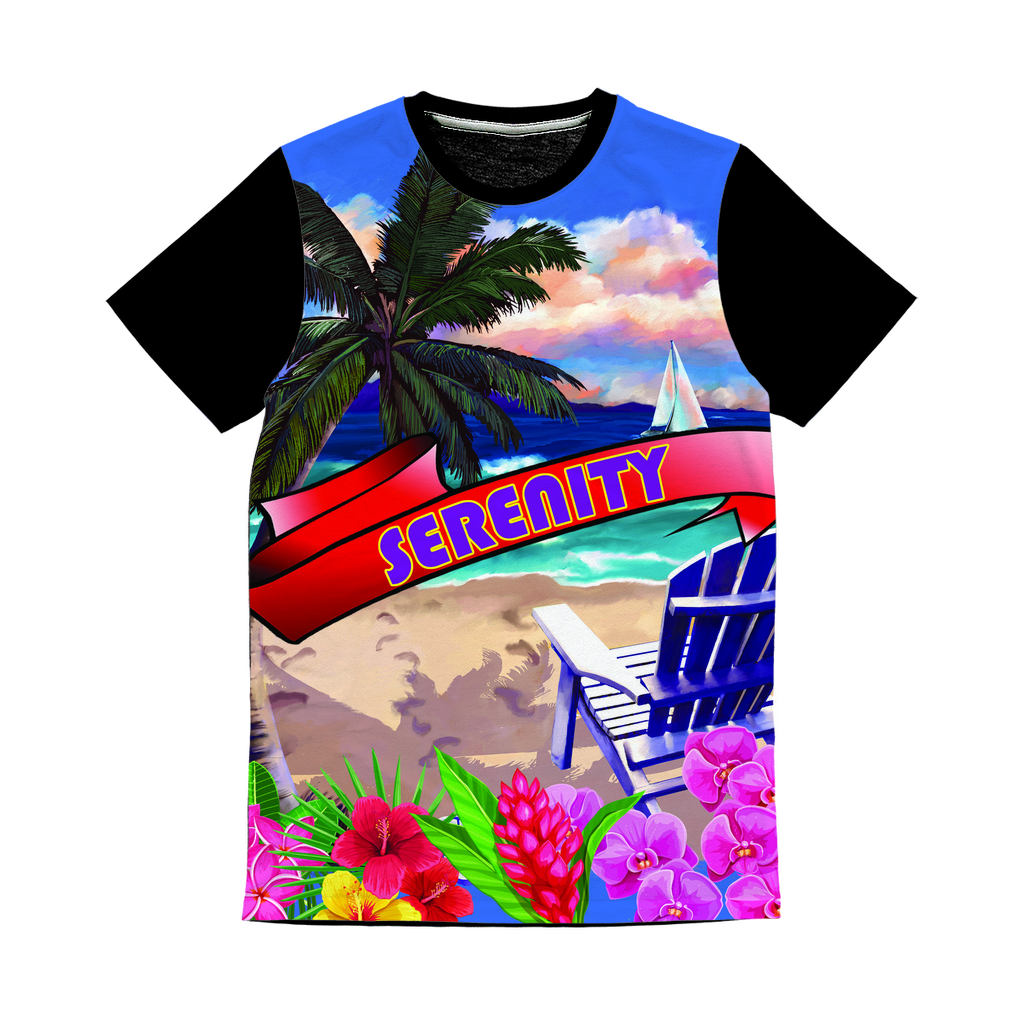 Serenity Beach Banner Design Classic Sublimation Panel T-Shirt