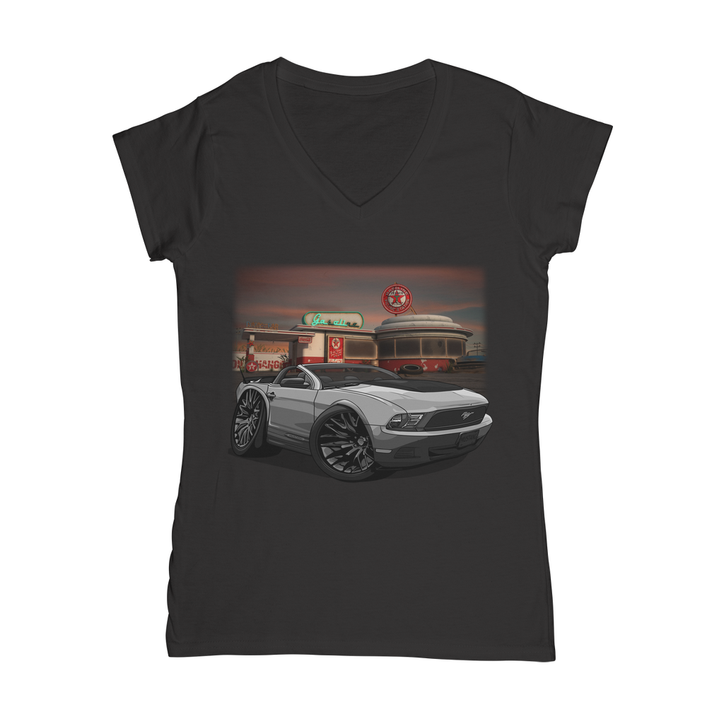 Convertible Mustang Gas Station 2 Classic Women's V-Neck T-Shirt