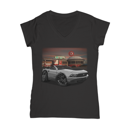 Convertible Mustang Gas Station 2 Classic Women's V-Neck T-Shirt