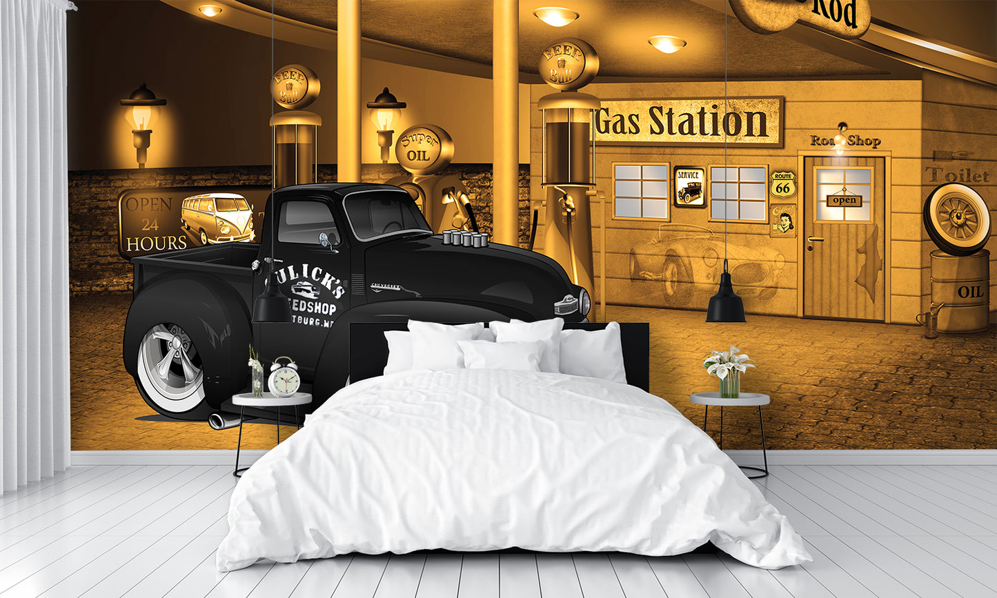 Car Art 1949 Pickup Truck Chevy Gas Station Wall Mural bedroom