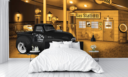 Car Art 1949 Pickup Truck Chevy Gas Station Wall Mural bedroom