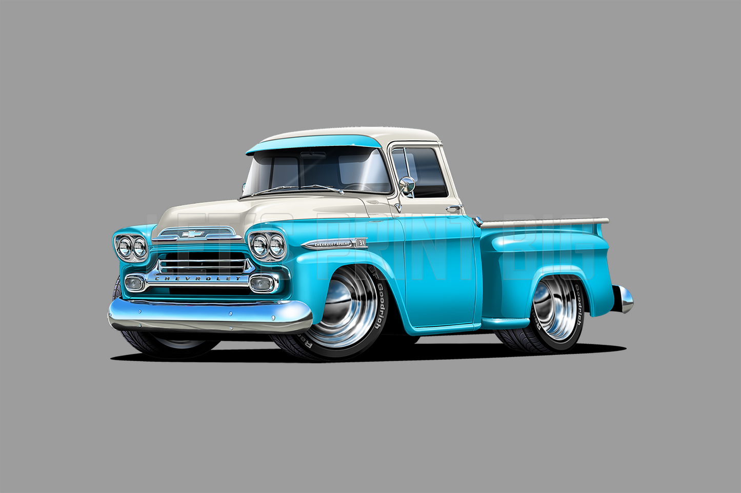 Car Art 1959 Apache Baby Blue and White Pickup Truck Wall Decal
