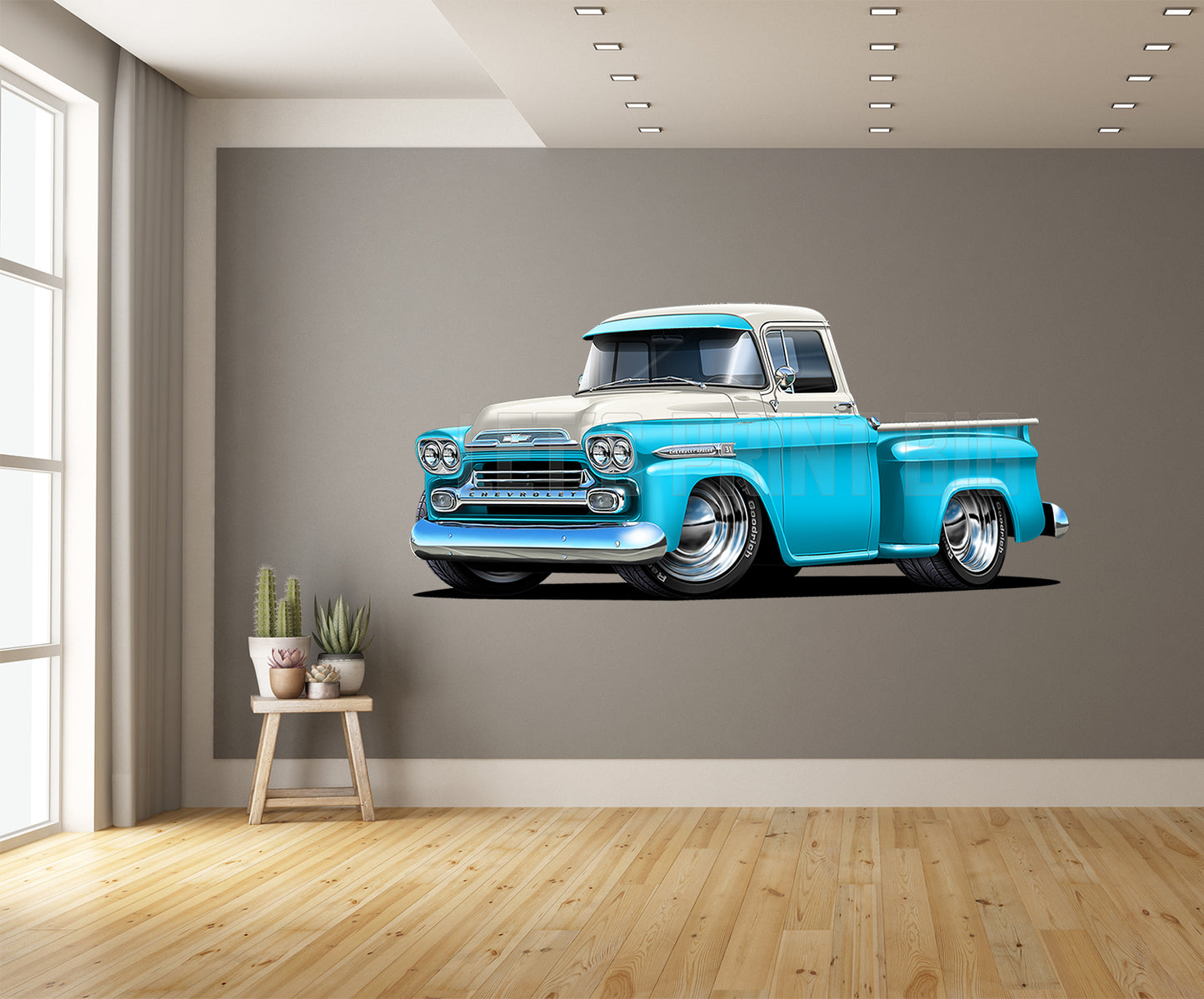 Car Art 1959 Apache Baby Blue and White Pickup Truck Wall Decal