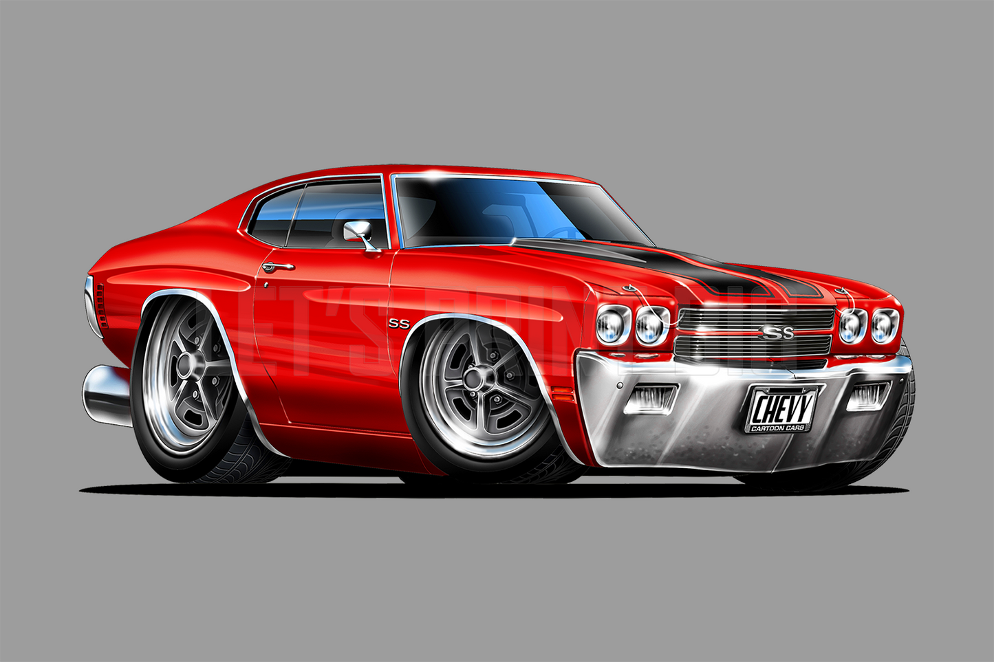 Car Art 1970 Chevelle Red with Black Stripes Muscle Car Cartoon Wall Decal