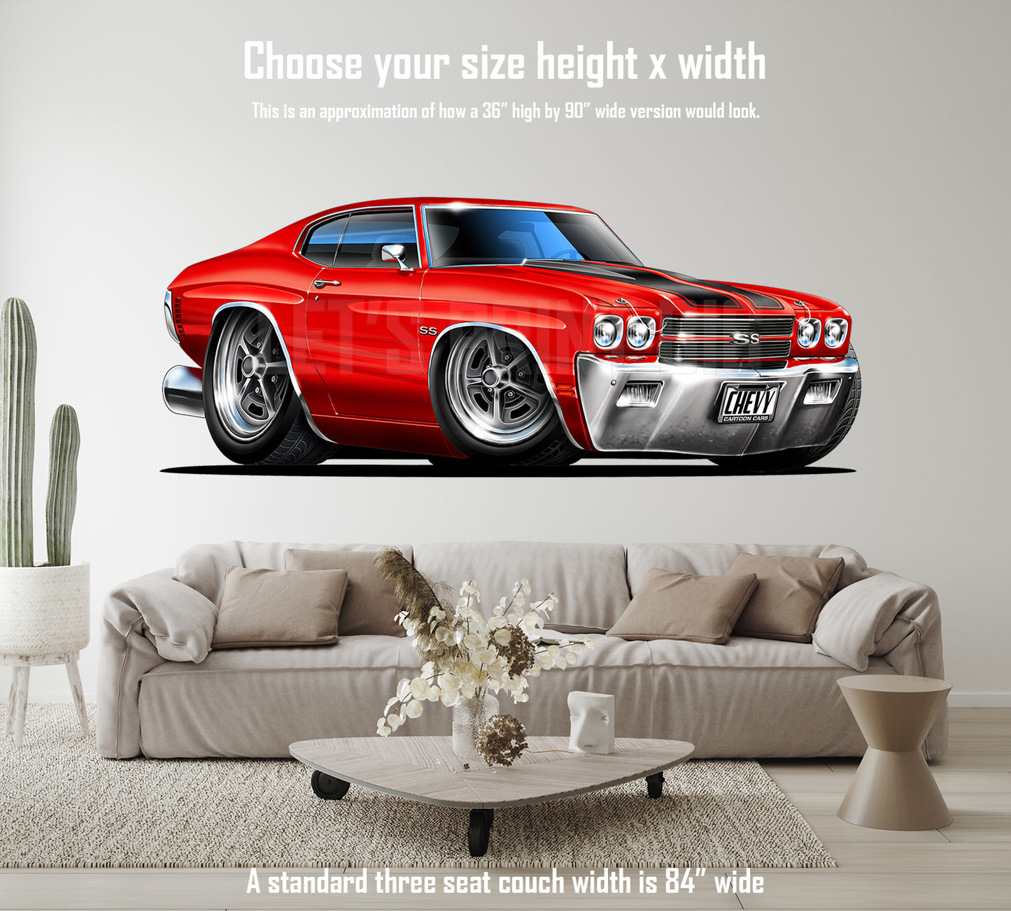 Car Art 1970 Chevelle Red with Black Stripes Muscle Car Cartoon Wall Decal