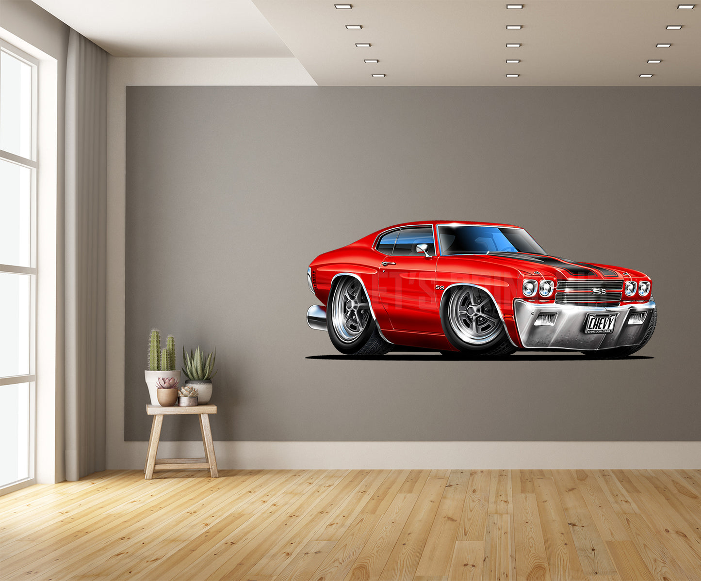 Car Art 1970 Chevelle Red with Black Stripes Muscle Car Cartoon Wall Decal