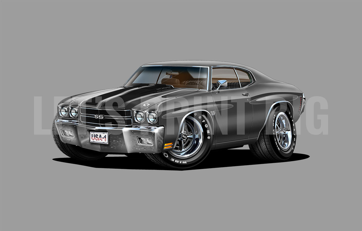 Car Art 1970 Gray with Black Stripes Chevelle Muscle Car Cartoon Wall Decal