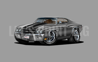 Car Art 1970 Gray with Black Stripes Chevelle Muscle Car Cartoon Wall Decal