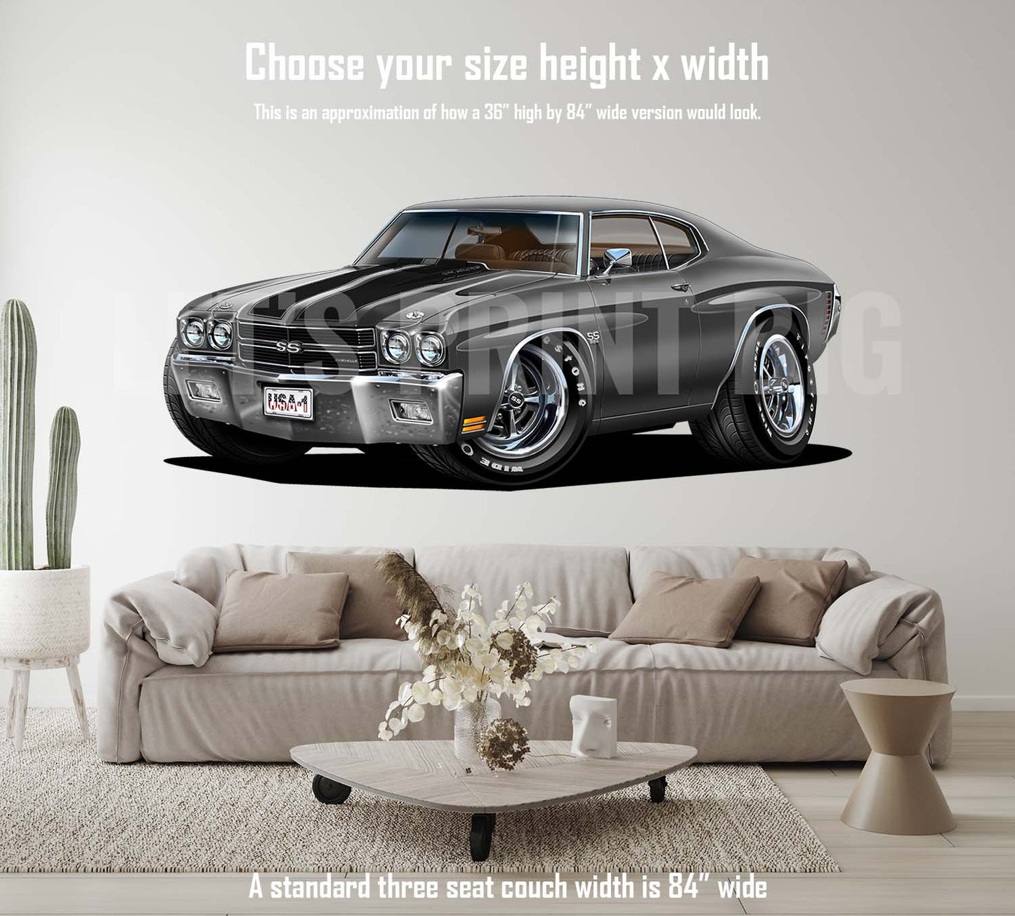 Car Art 1970 Gray with Black Stripes Chevelle Muscle Car Cartoon Wall Decal