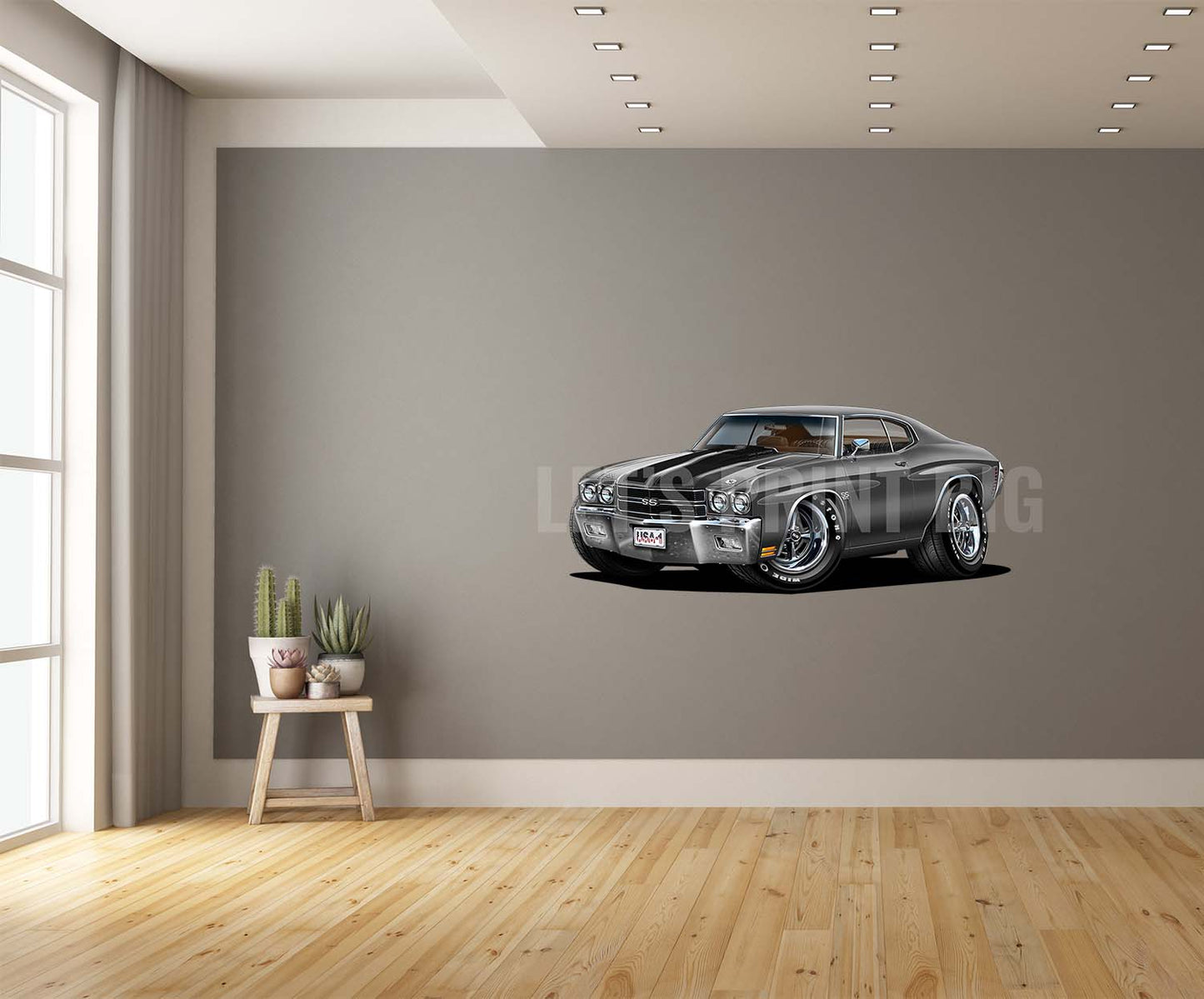 Car Art 1970 Gray with Black Stripes Chevelle Muscle Car Cartoon Wall Decal