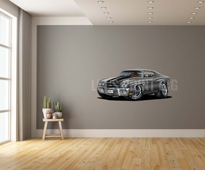 Car Art 1970 Gray with Black Stripes Chevelle Muscle Car Cartoon Wall Decal
