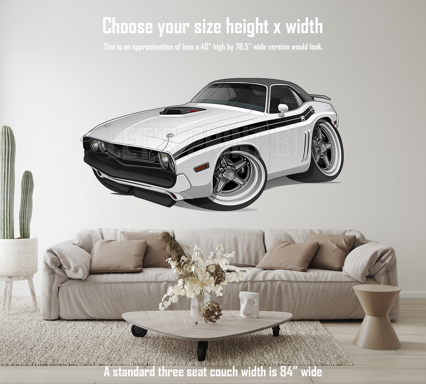 Car Art 1971 White Challenger RT Black Vinyl Top Muscle Car Wall Art Decal