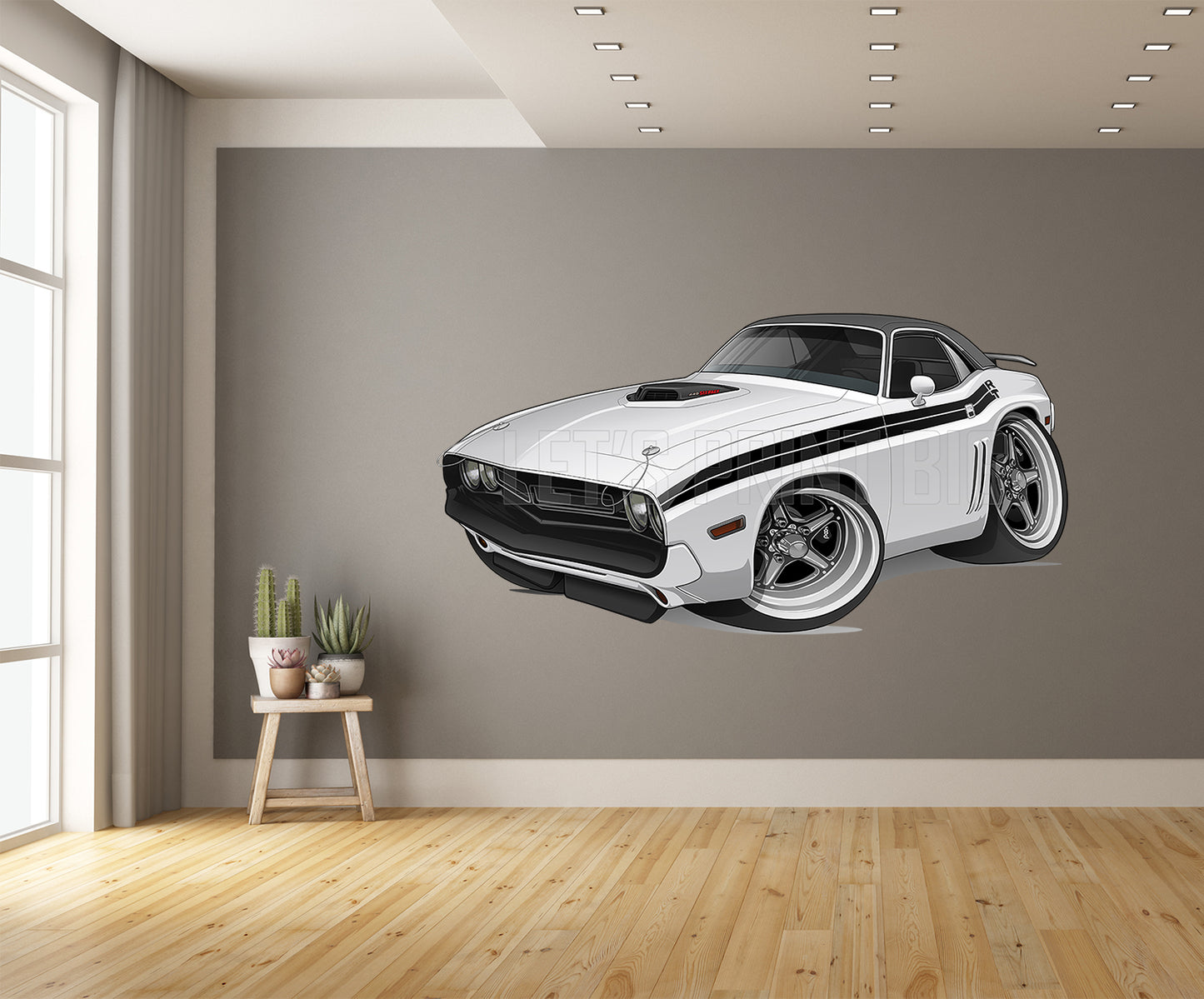 Car Art 1971 White Challenger RT Black Vinyl Top Muscle Car Wall Art Decal