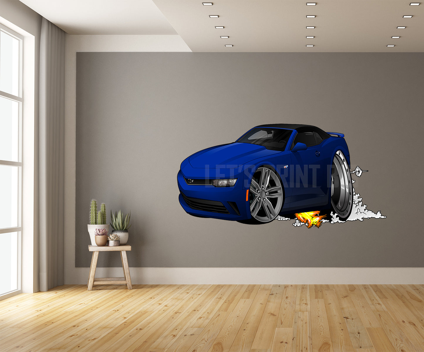 Car Art 2018 Camaro Blue Convertible Smoke and Flames Wall Decal