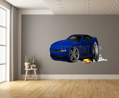 Car Art 2018 Camaro Blue Convertible Smoke and Flames Wall Decal