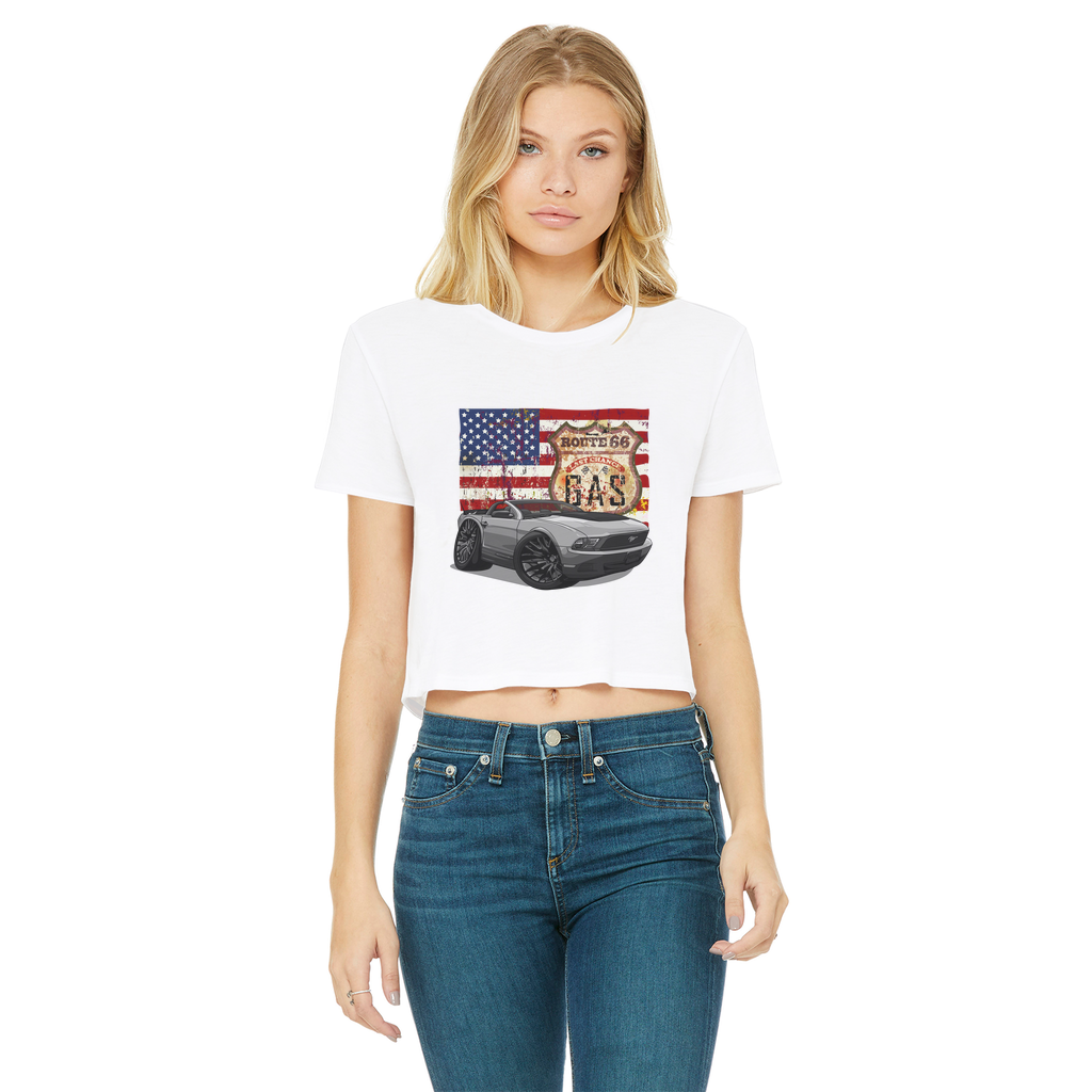 Convertible Mustang Route 66 Classic Women's Cropped Raw Edge T-Shirt