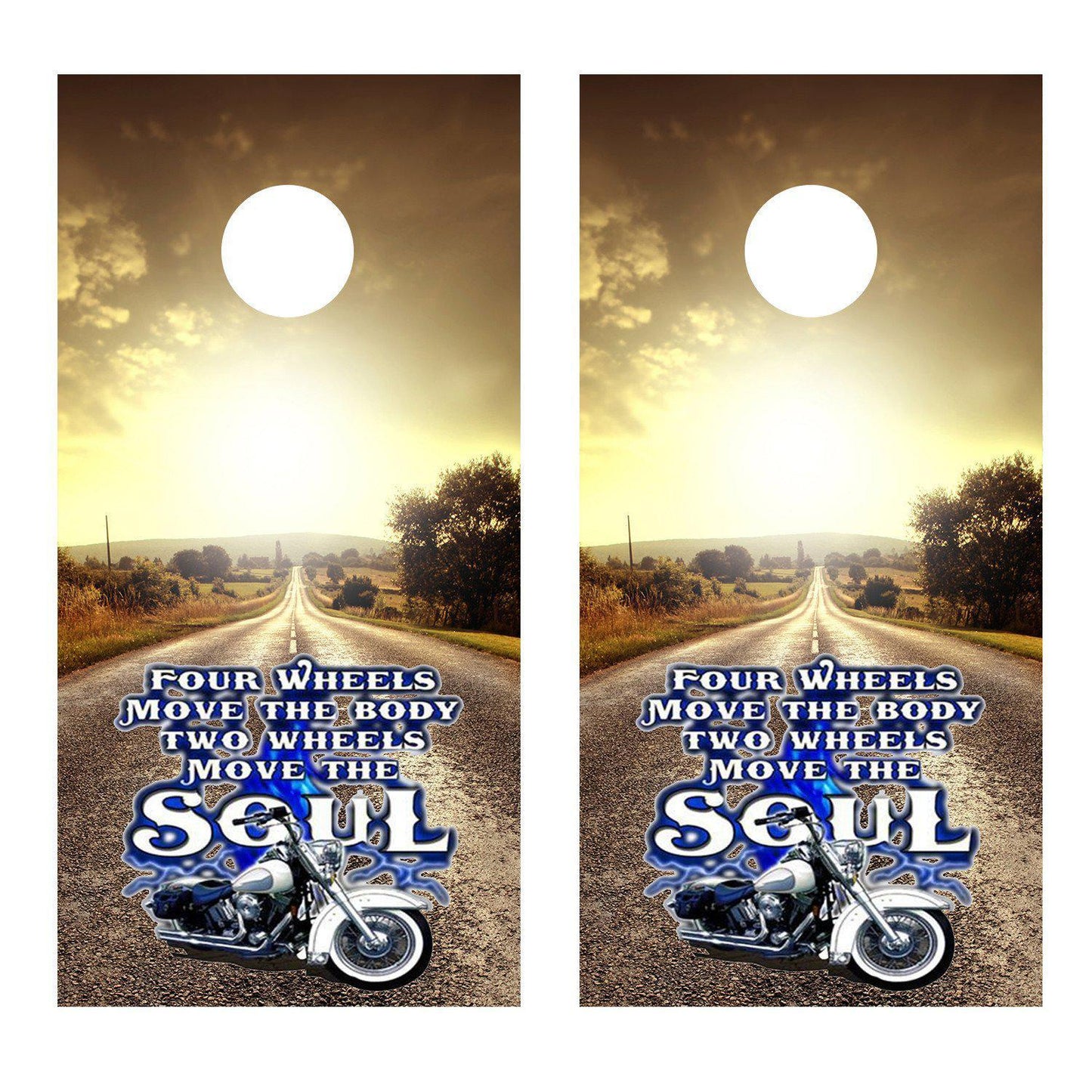 Two Wheels Move the Soul Motorcycle corn hole wrap