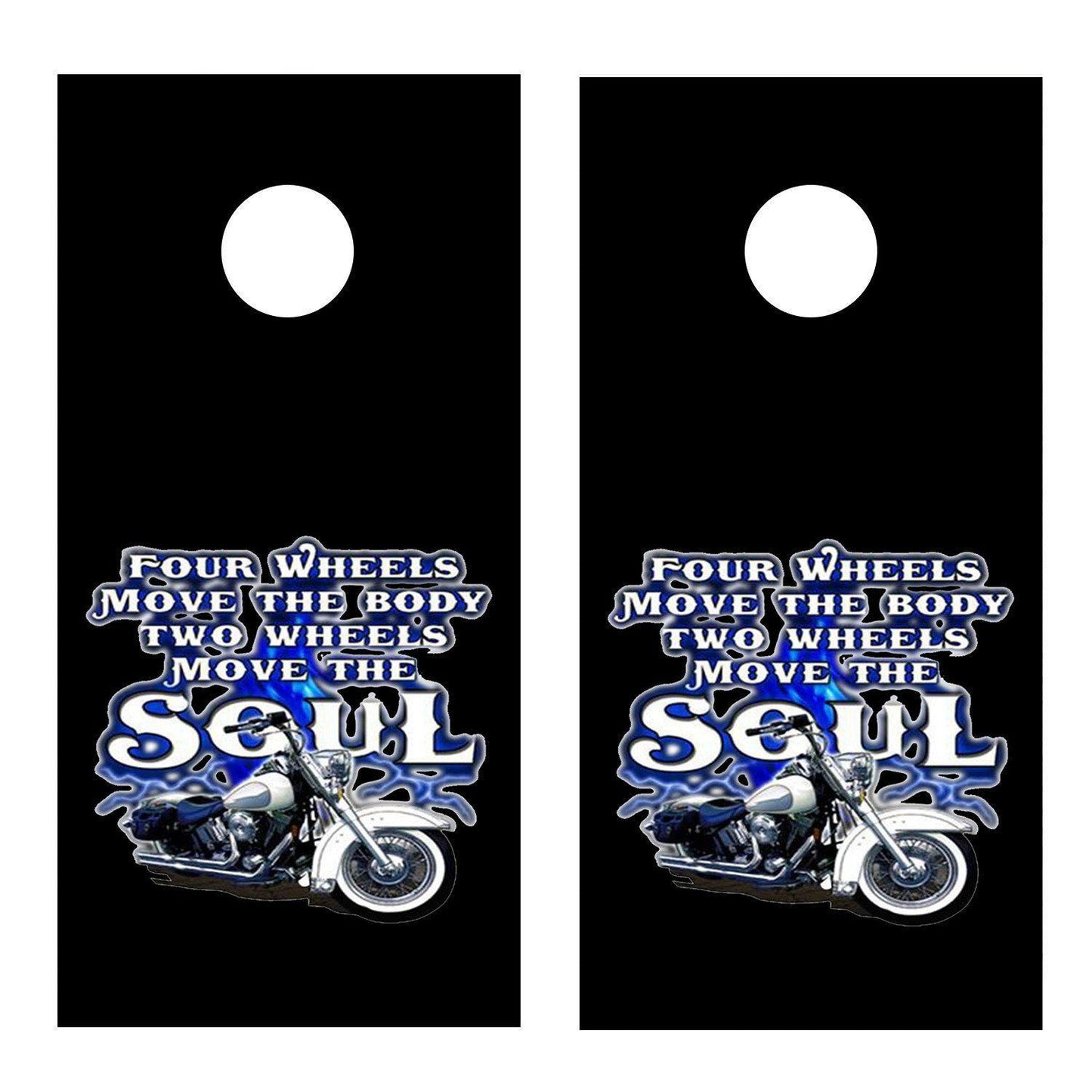Two Wheels Move the Soul Black Motorcycle Cornhole Wrap