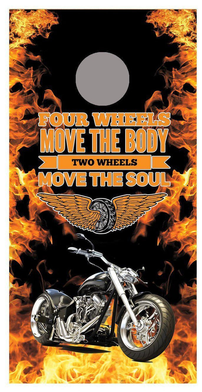 2 Wheels Move the Soul Motorcycle corn hole board decal wraps