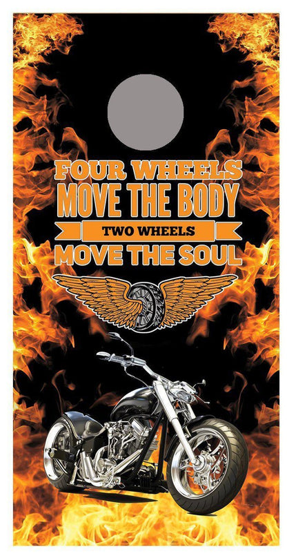2 Wheels Move the Soul Motorcycle corn hole board decal wraps