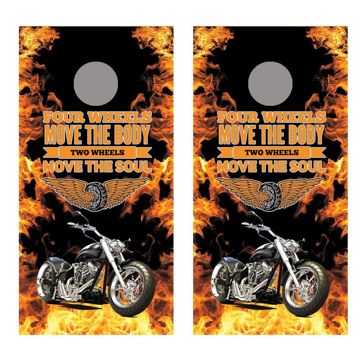 2 Wheels Move the Soul Motorcycle corn hole board decal wraps