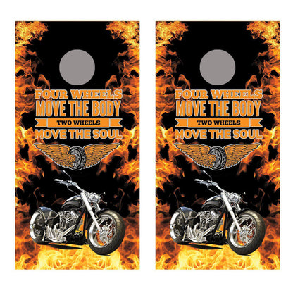 2 Wheels Move the Soul Motorcycle corn hole board decal wraps
