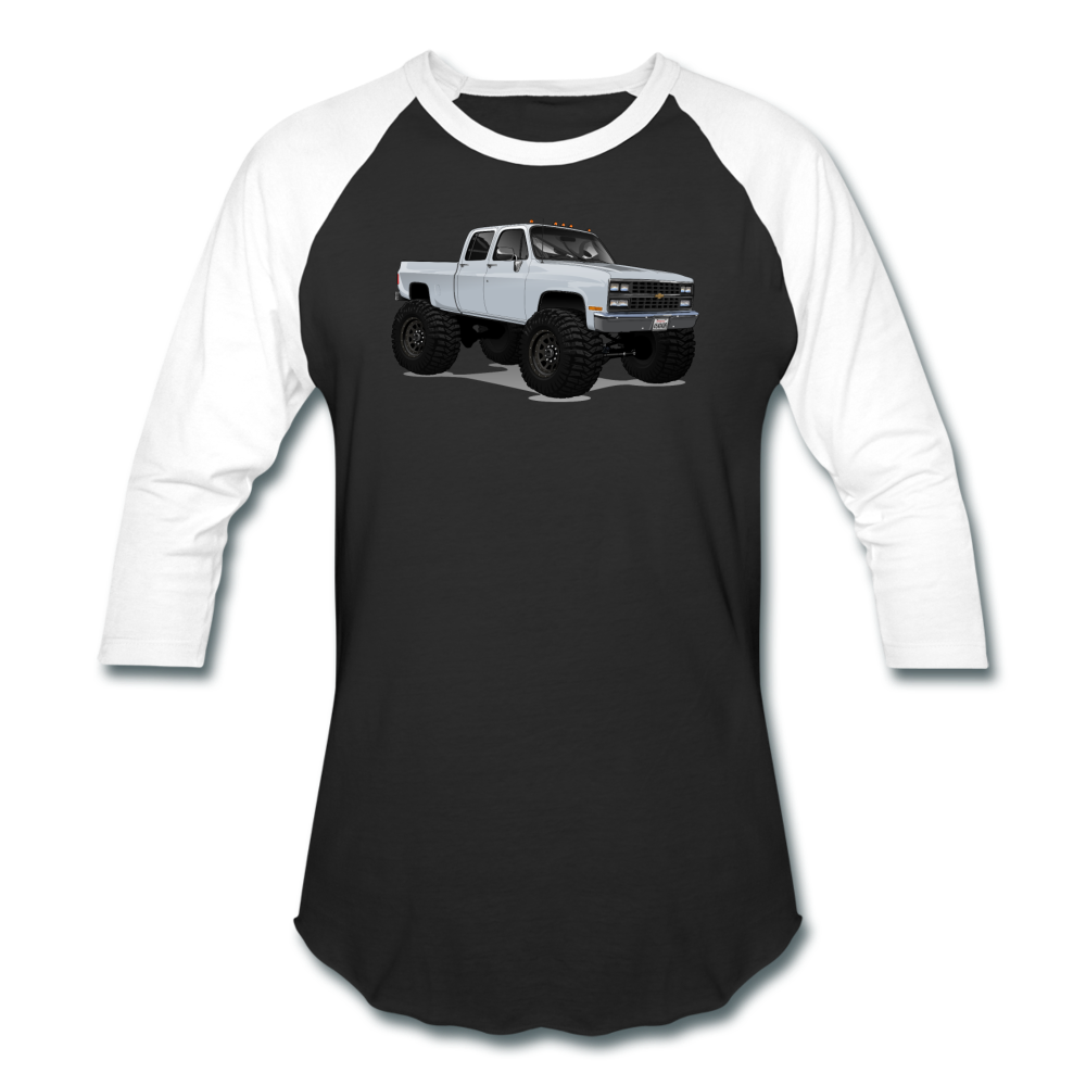 White Chevrolet 4x4 Crew Cab Pickup Truck Baseball T-Shirt - black/white