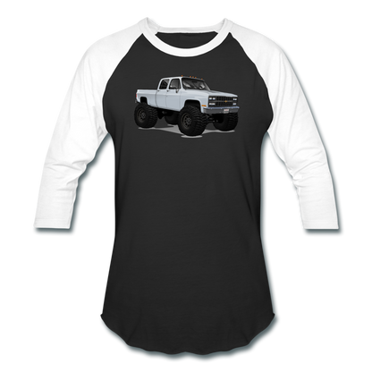 White Chevrolet 4x4 Crew Cab Pickup Truck Baseball T-Shirt - black/white