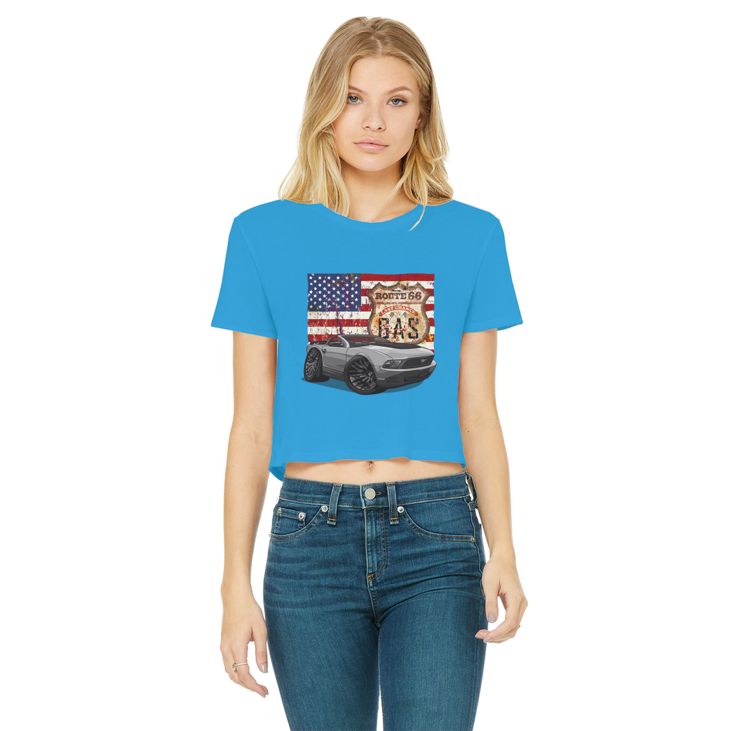 Convertible Mustang Route 66 Classic Women's Cropped Raw Edge T-Shirt