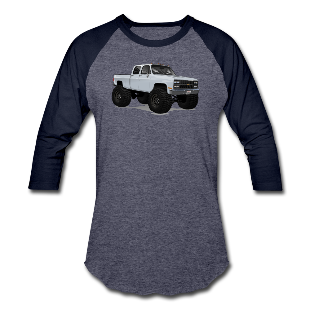 White Chevrolet 4x4 Crew Cab Pickup Truck Baseball T-Shirt - heather blue/navy