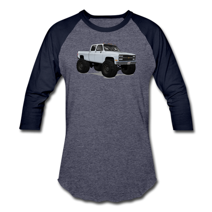 White Chevrolet 4x4 Crew Cab Pickup Truck Baseball T-Shirt - heather blue/navy