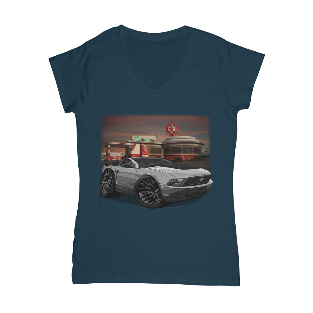 Convertible Mustang Gas Station 2 Classic Women's V-Neck T-Shirt