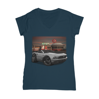 Convertible Mustang Gas Station 2 Classic Women's V-Neck T-Shirt
